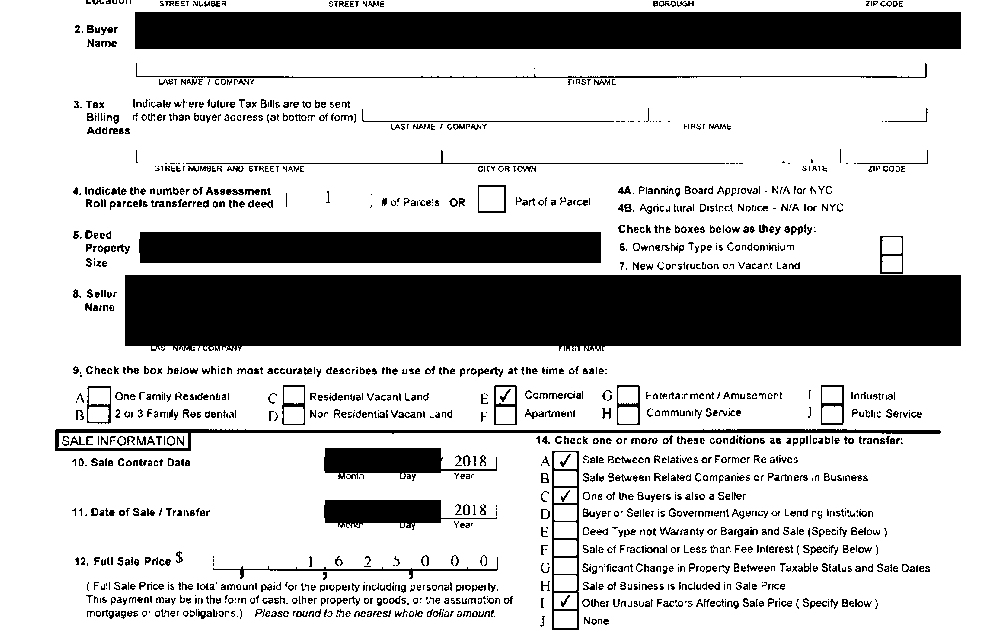 A New York City real property transfer report with names, lot size, dates and the price digits blacked out. In item 14 the boxes for a sale between relatives or former relatives, one of the buyers is also a seller, and other unusual factors are ticked.